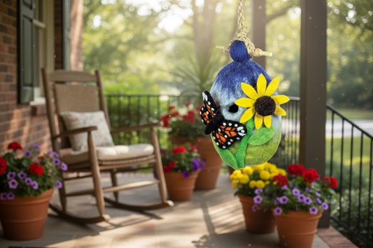 Pajarera de fieltro a mano- Jardín de mariposas