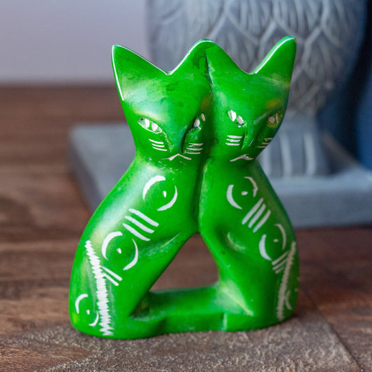 Handmade South African Kisii Soapstone Twin Cats - Green- 4"