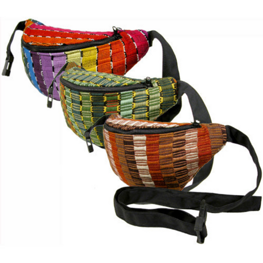 Three colorful waist bags with striped patterns on a white background
