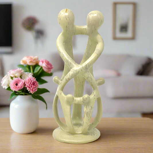 Natural 10" Tall Soapstone Family Sculpture - 2 Parents 4 Children - Smolart
