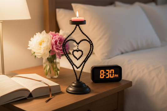 Candle holder with heart design on a nightstand next to an open book and lit candle.