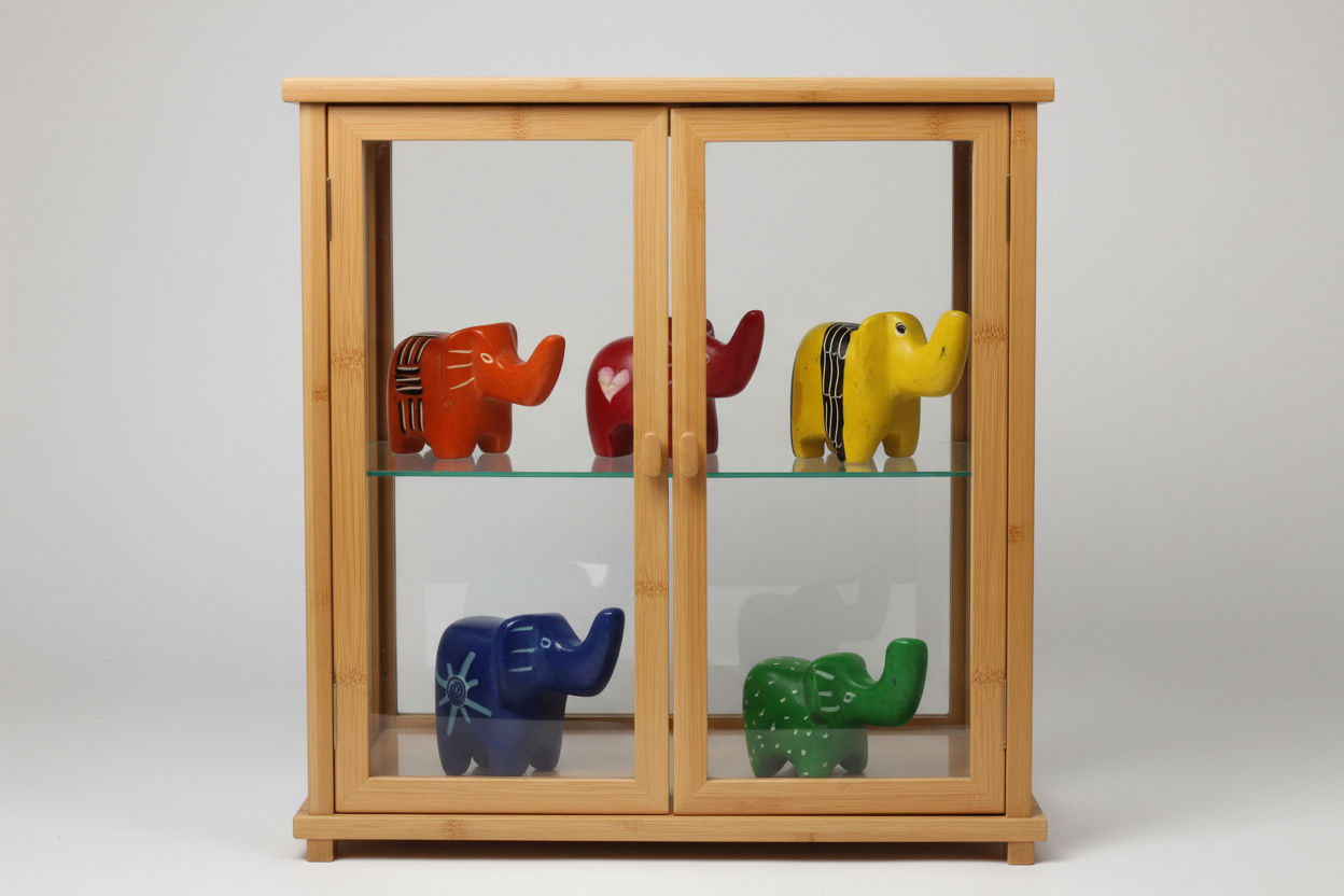 A collection of five hand-carved soapstone elephant figurines in assorted colors including orange, red, yellow, blue, and green.