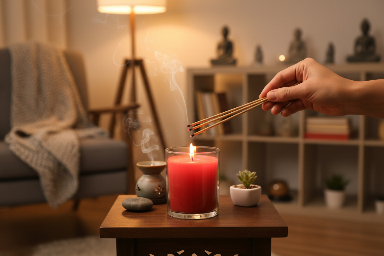 Person lighting a red jar candle with a long match in a cozy living room.