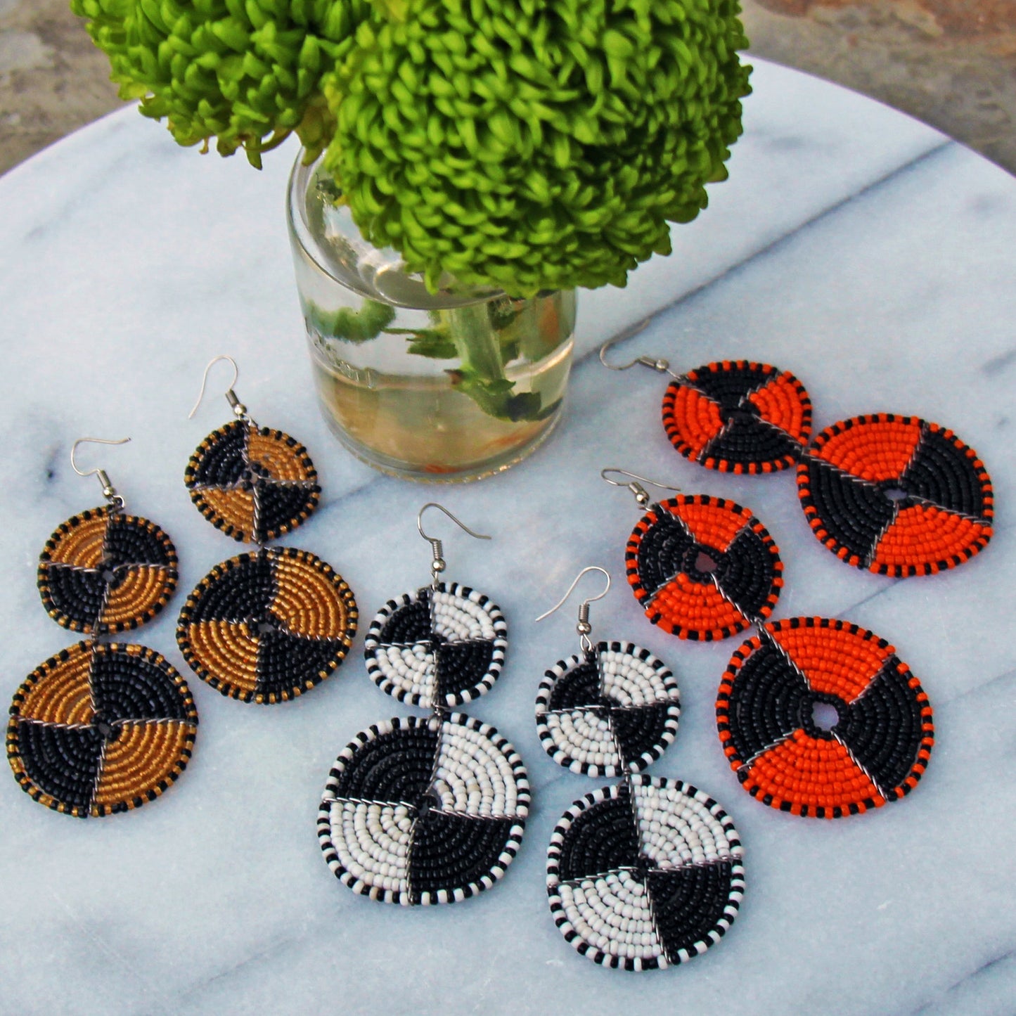 Maasai Beaded Double Circle Dangle Earrings- Mango Orange and Black-3.5"L
