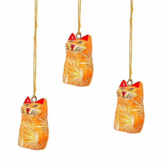 Set of 3 Paper Mache Holiday Ornaments-Orange Cats-Fair Trade
