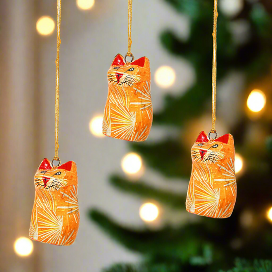 Set of 3 Paper Mache Holiday Ornaments-Orange Cats-Fair Trade