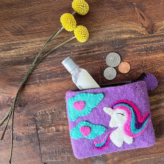 Handcrafted Unicorn Felt Coin Purse-Zipper/Fully Lined-Fair Trade
