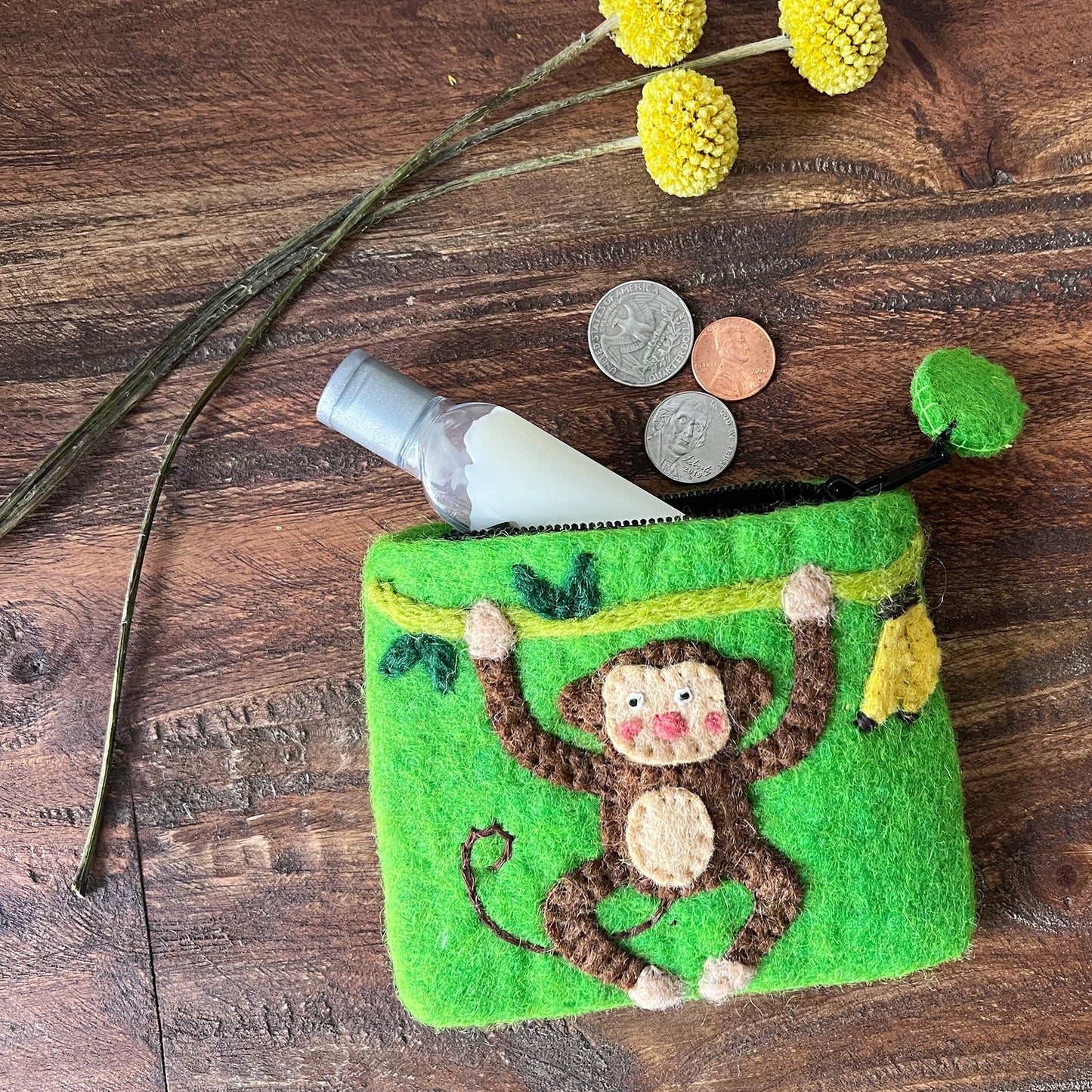 Handcrafted Felt Coin Zipper Pouch- Monkey in a Tree-Bright Green