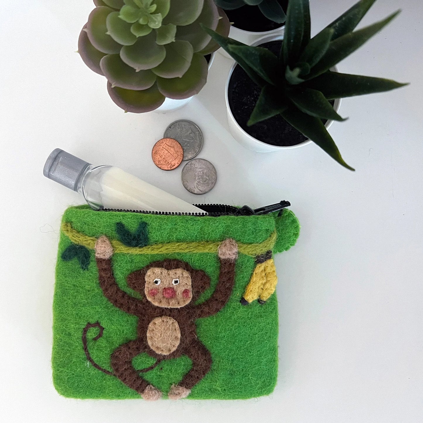Handcrafted Felt Coin Zipper Pouch- Monkey in a Tree-Bright Green