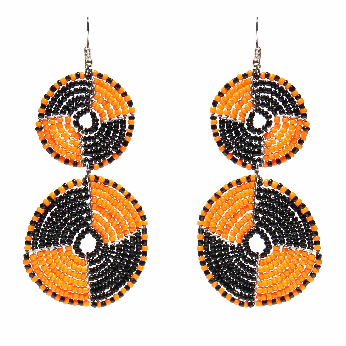 Maasai Beaded Double Circle Dangle Earrings- Mango Orange and Black-3.5"L