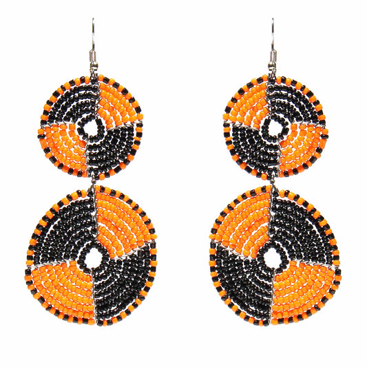 Maasai Beaded Double Circle Dangle Earrings- Mango Orange and Black-3.5"L