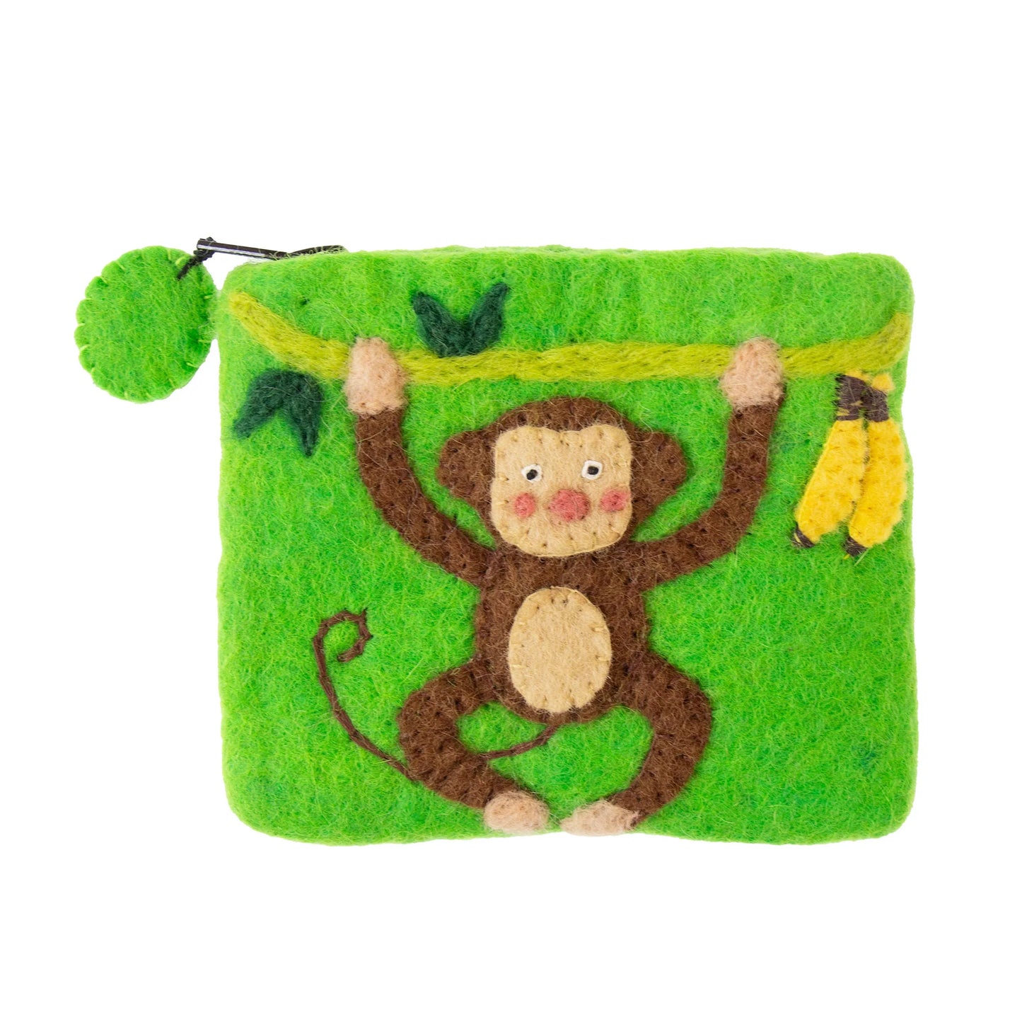Handcrafted Felt Coin Zipper Pouch- Monkey in a Tree-Bright Green