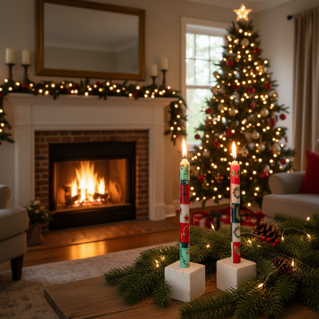 Two lit Christmas candles in white square holders on a wooden table, with a decorated Christmas tree, fireplace, and cozy living room in the background.