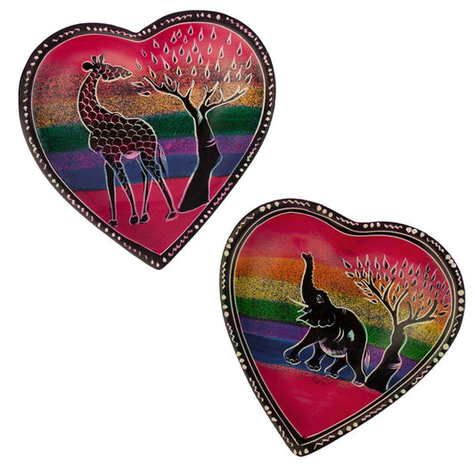 Set of African Soapstone Hand-painted Heart Trinket Dishes-Rainbow Safari Animals-2PC Set