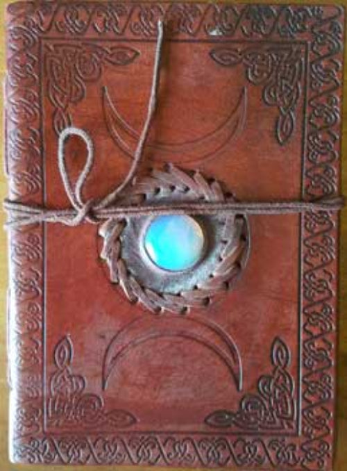 Triple Moon Embossed Leather Journal with Opalite Stone & Cord-5" x 7"