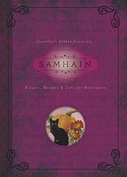 Purple book titled 'Samhain' with a black cat and flowers on the cover, featuring decorative elements.