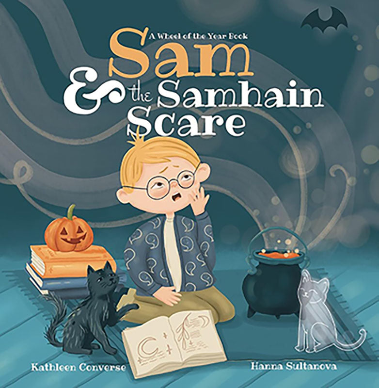 Book cover of 'Sam & the Samhain Scare' with a boy, cat, and pumpkin.