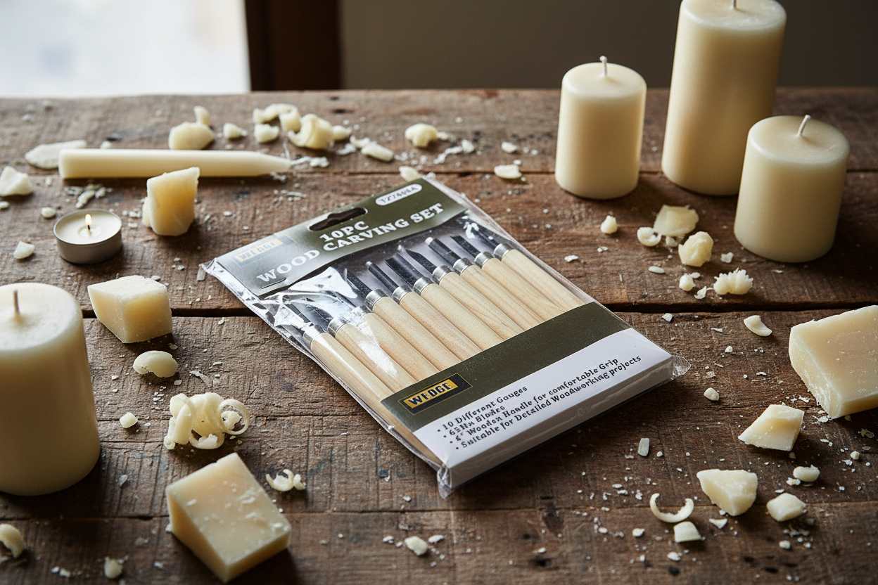 Packaged 10-piece wood carving set with tools inside, brand 'Wedge' visible.