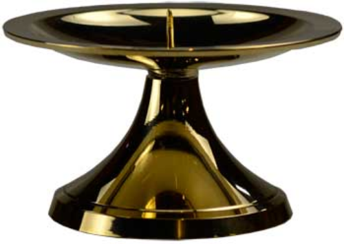 A gold-colored brass candle holder with a spike to hold candles, displaying a shiny finish.