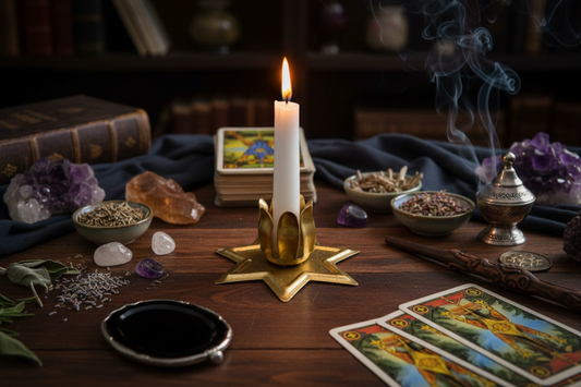 Witches altar, tarot cards, crystals, scrying mirror, incense burning in a brass burner, carved wooden wand, with a gold star shaped candle holder and white lit candle.