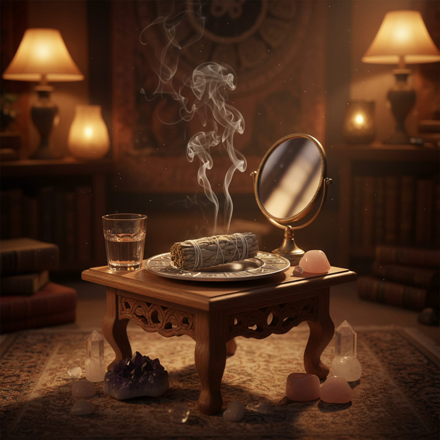 silver-tone smudge plate, candle holder with zodiac symbols around the rim set on a small altar with sage smudge stick smoldering in it, crystals, small table mirror and glass of water nearby in a cozy living room