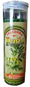 Vela Madre de Ruda candle packaging with green leaves on a white background