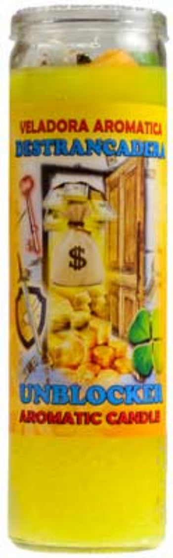 Unblocker ritual jar candle with dollar sign and four-leaf clover design on a white background