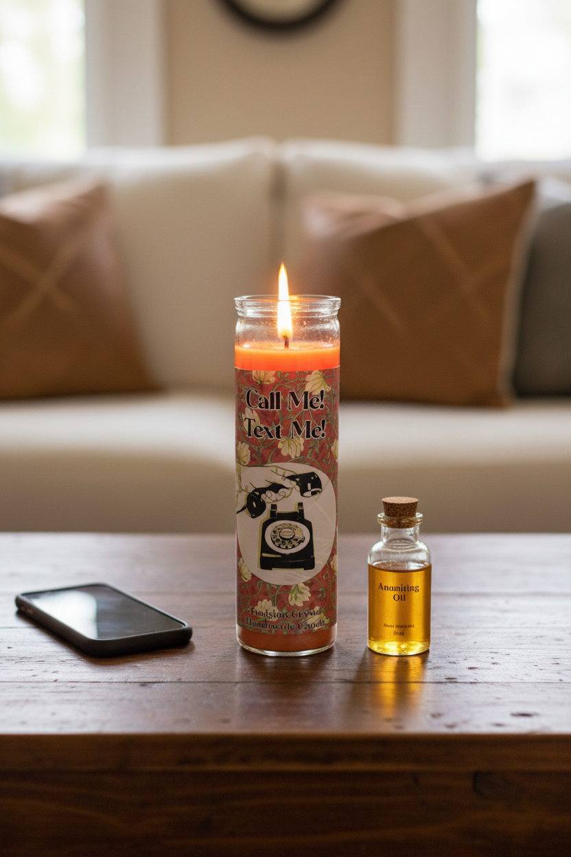 A lit glass jar candle with a floral label reading 'Call Me! Text Me!' stands on a wooden table beside a small amber bottle, with a blurred living room sofa in the background.
