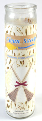 Clean sweep jar candle with decorative elements and text on a white background