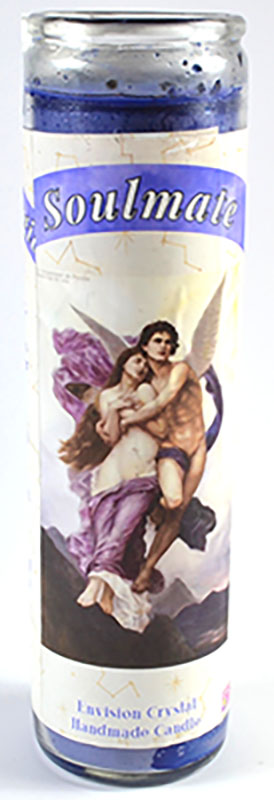 Candle with an angelic design and 'Soulmate' text on a white background