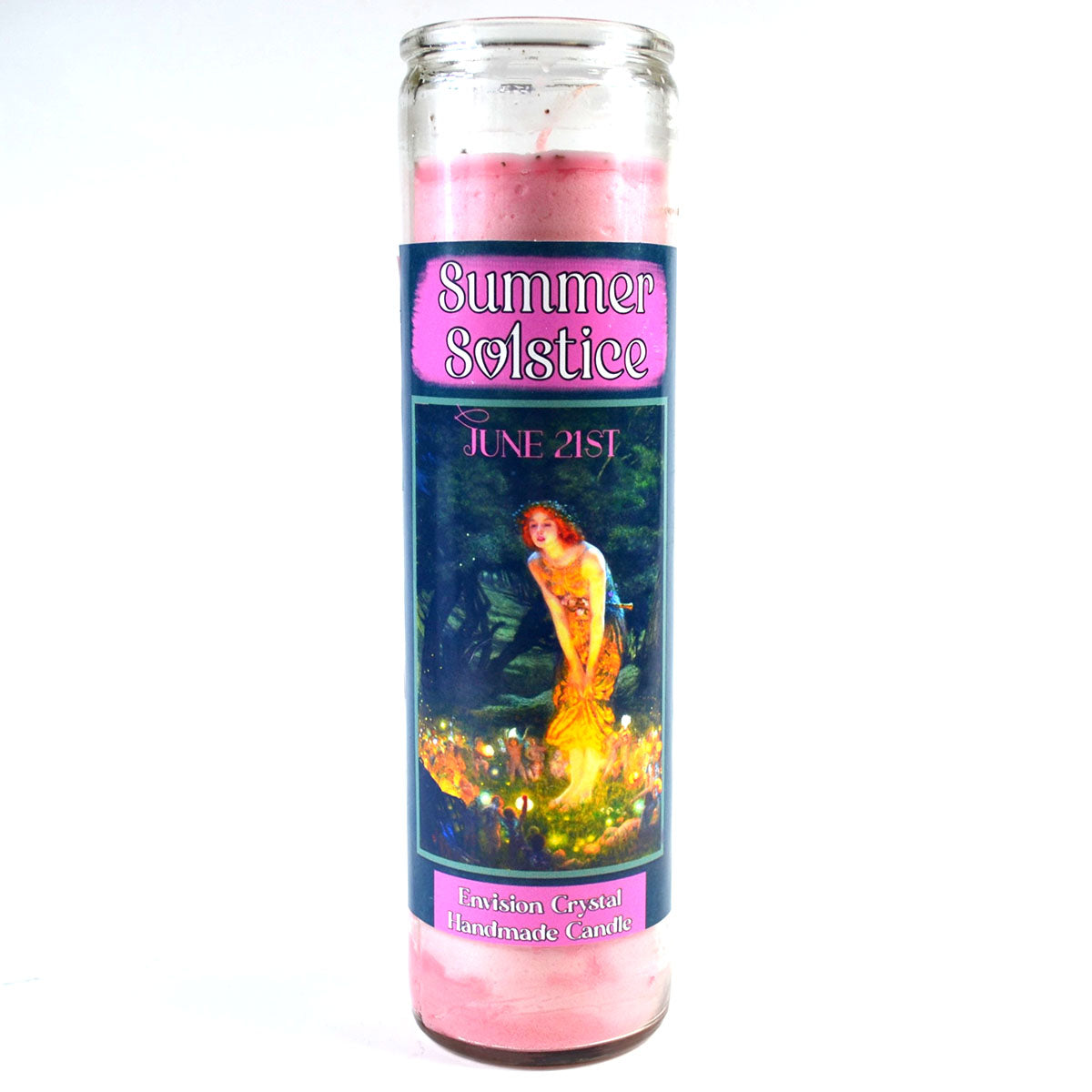 Pink candle with a label for 'Summer Solstice' on a white background