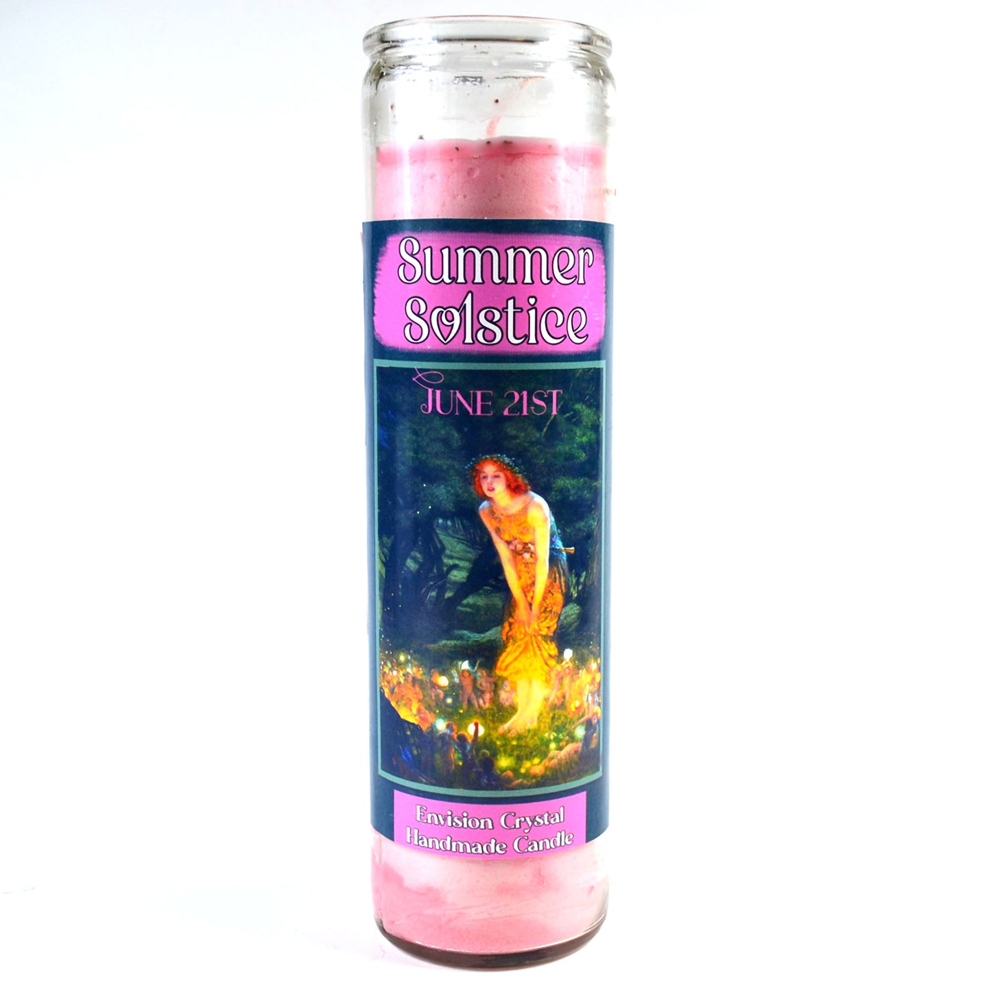 Pink candle with a label for 'Summer Solstice' on a white background