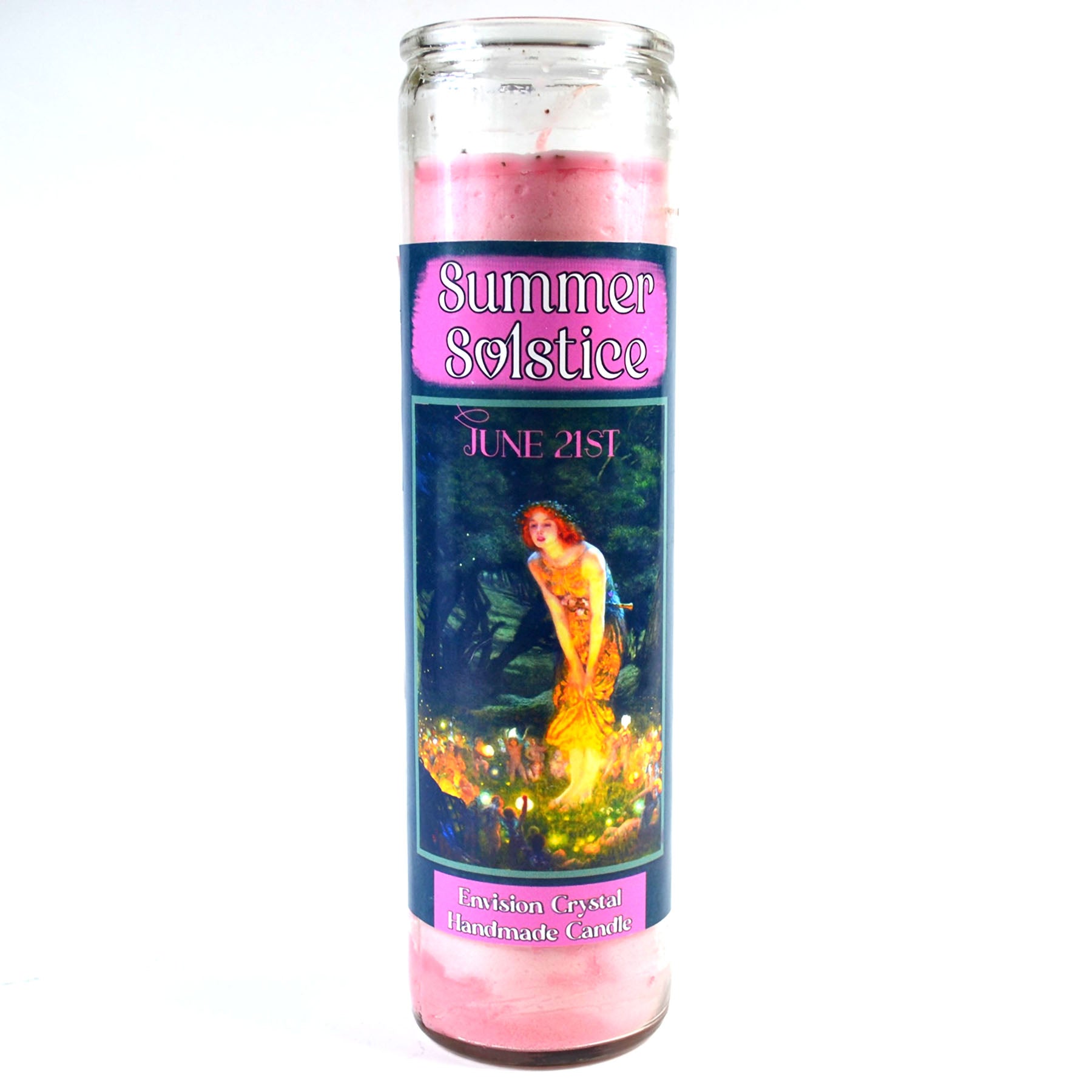 Pink candle with a label for 'Summer Solstice' on a white background