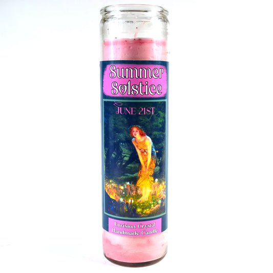 Pink candle with a label for 'Summer Solstice' on a white background