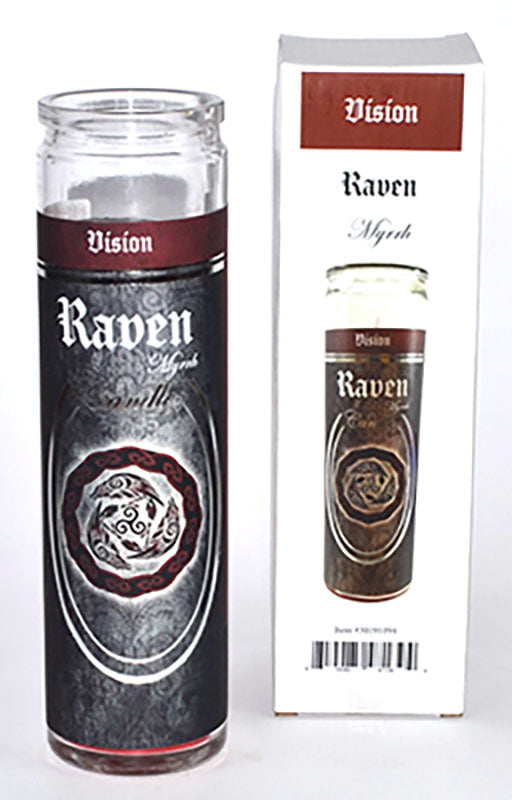 Candle with 'Vision Raven' branding and packaging on a white background