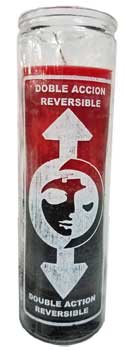 7-day glass jar candle with a red and black design featuring a face and arrows. double action reversal candle

