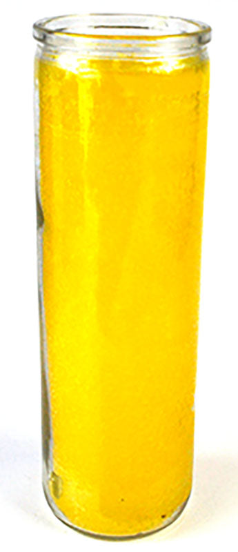 Clear glass candle holder with yellow candle inside on a white background