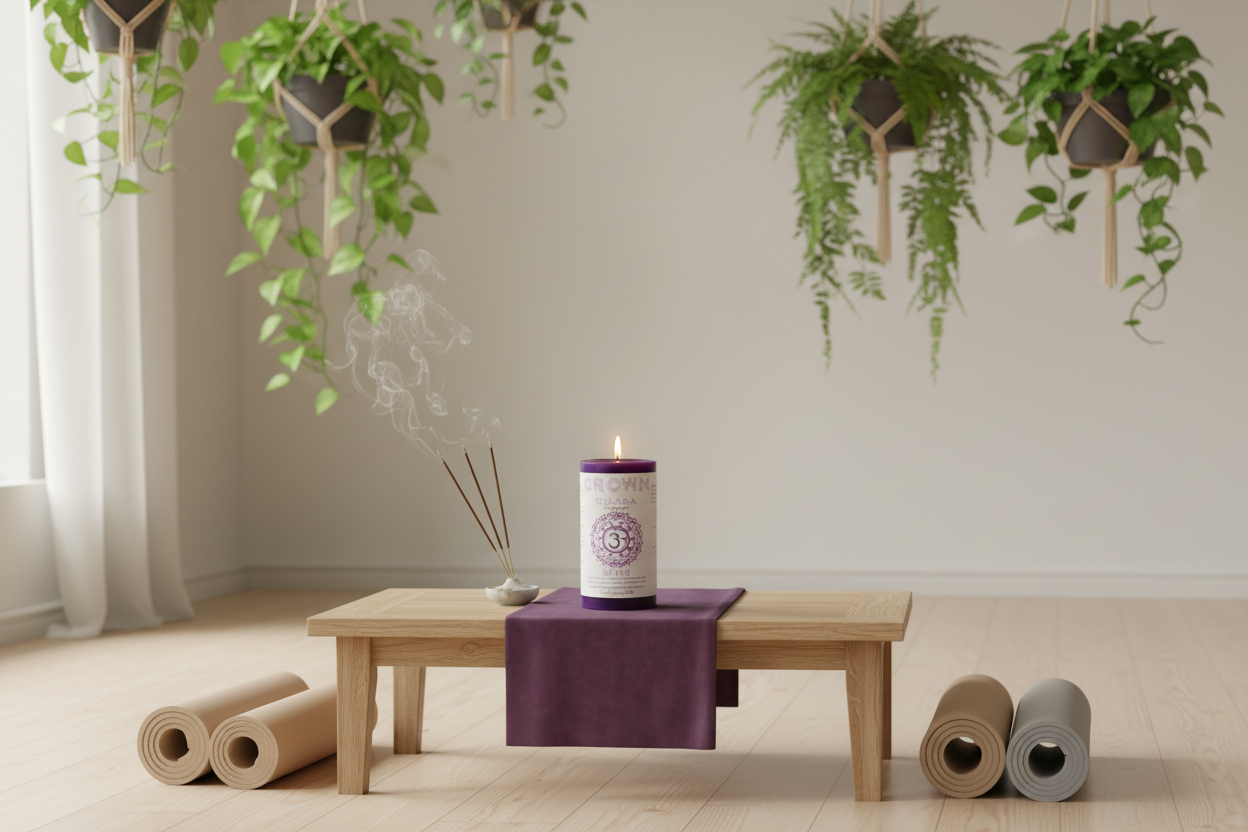 Candle with a purple sleeve on a wooden table in a room with hanging plants and rolled-up mats.