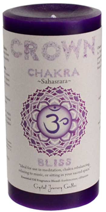 Candle labeled 'Crown Chakra Bliss' with purple and white design on a white background