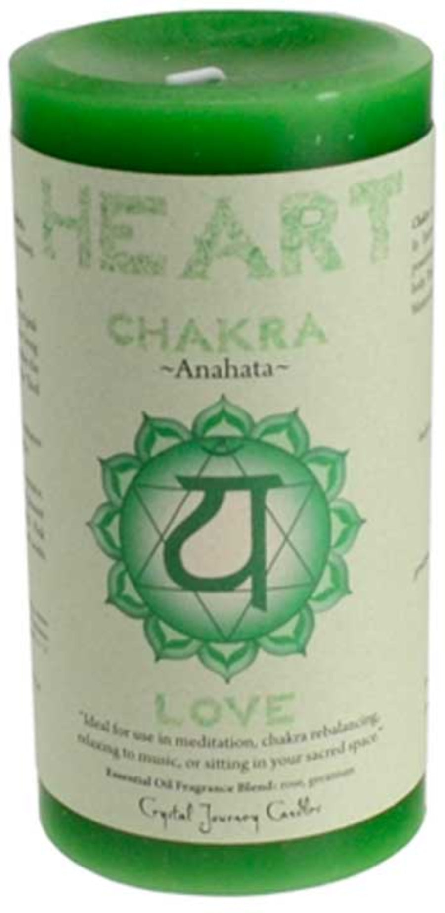 Green candle with 'Heart Chakra' text and symbol on a white background