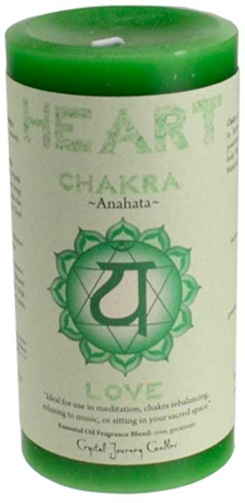 Green candle with 'Heart Chakra' text and symbol on a white background