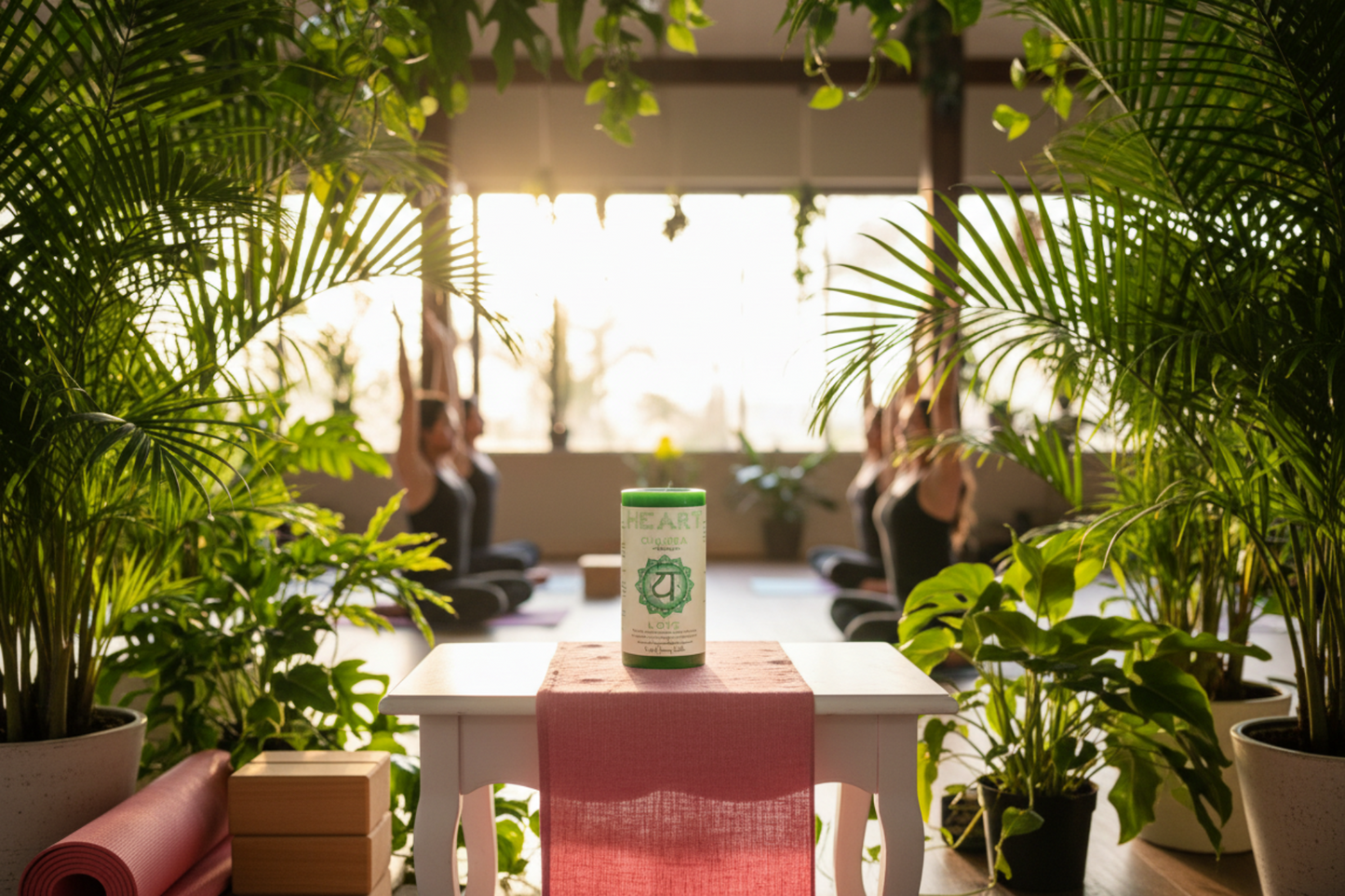 Green candle with 'Heart Chakra' text and symbol on a white background