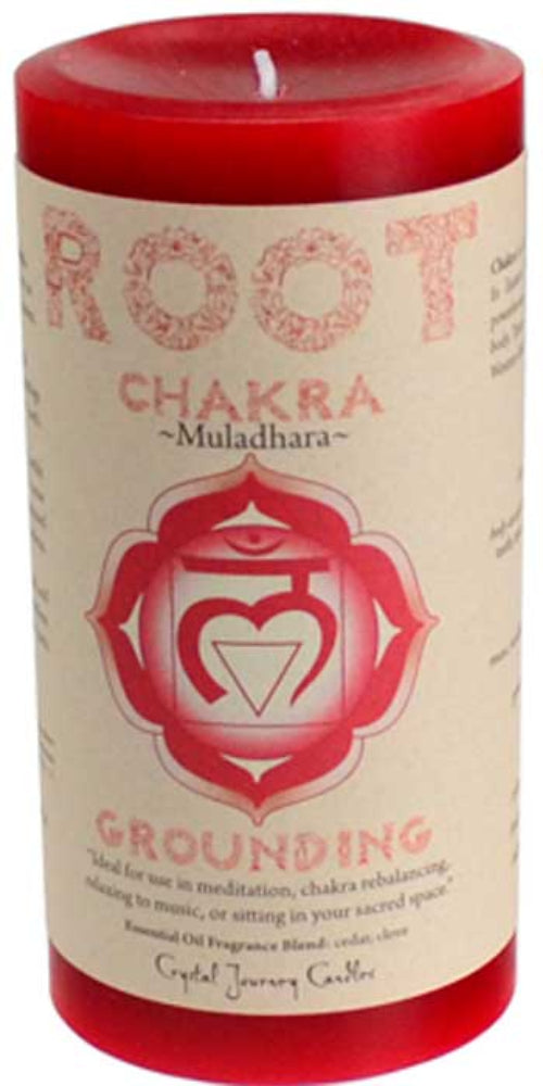 Red candle with 'Root Chakra' text and symbol on a beige background