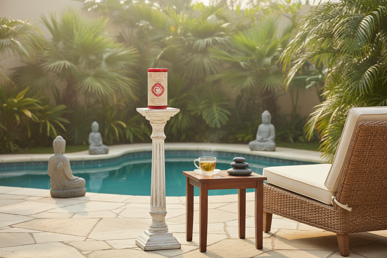Outdoor setting with a pool, lounge chair, and decorative items in a garden.
