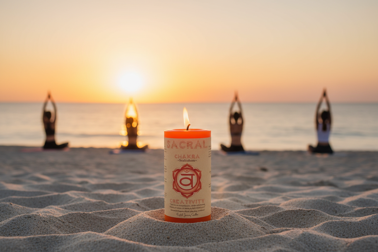 Candle with a brand logo for Crystal Journey Candles sits on a beach at sunset, with people practicing yoga in the background.