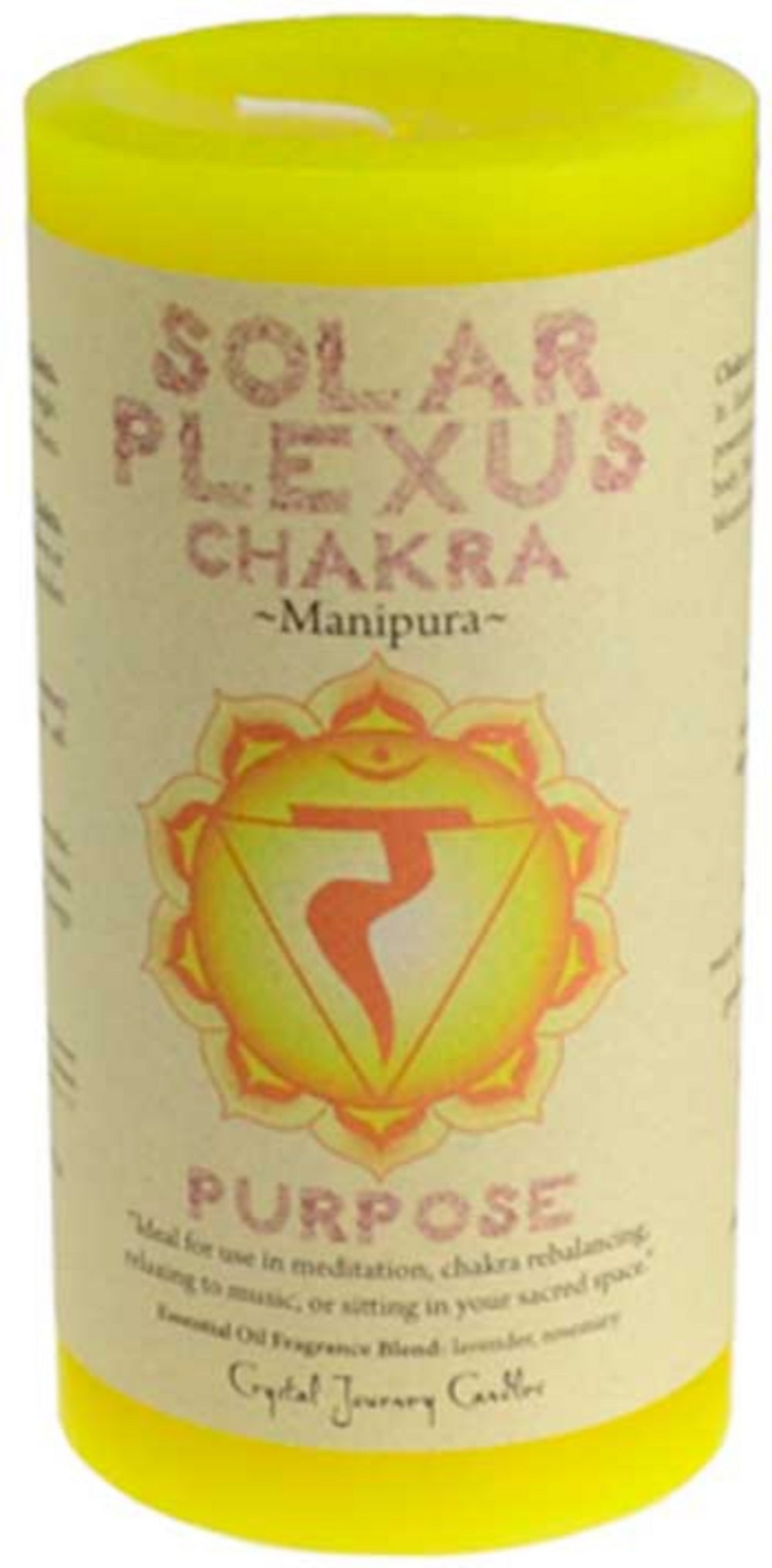 Candle with Solar Plexus Chakra design and text on a beige background