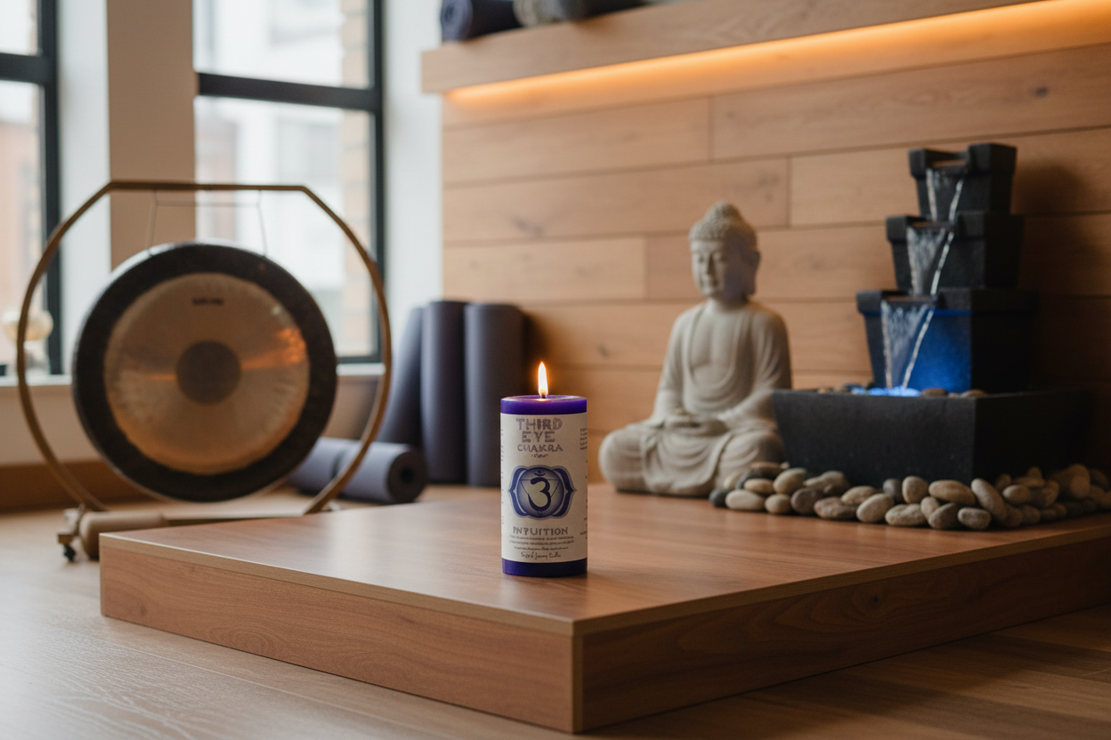 Candle with a label in a serene setting with a Buddha statue and water feature.