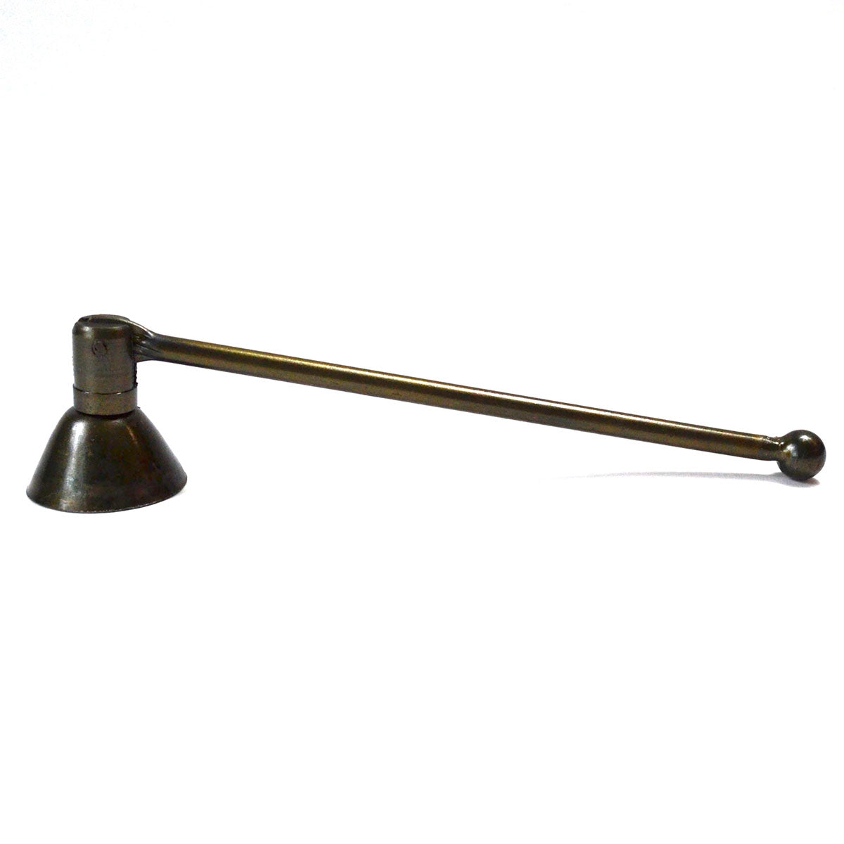 Bronze candle snuffer with a long handle on a white background