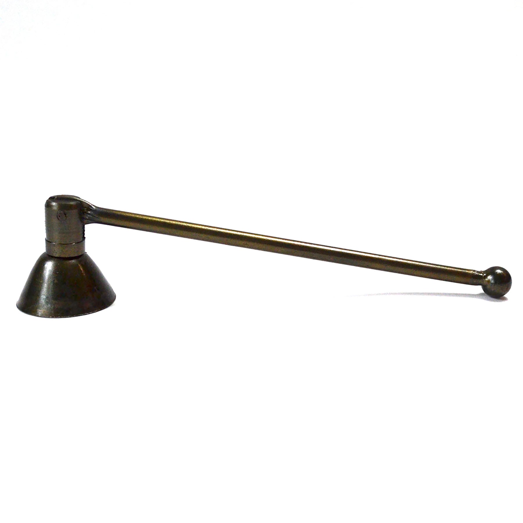 Bronze candle snuffer with a long handle on a white background