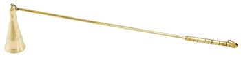 Brass candle snuffer with a long handle on a white background